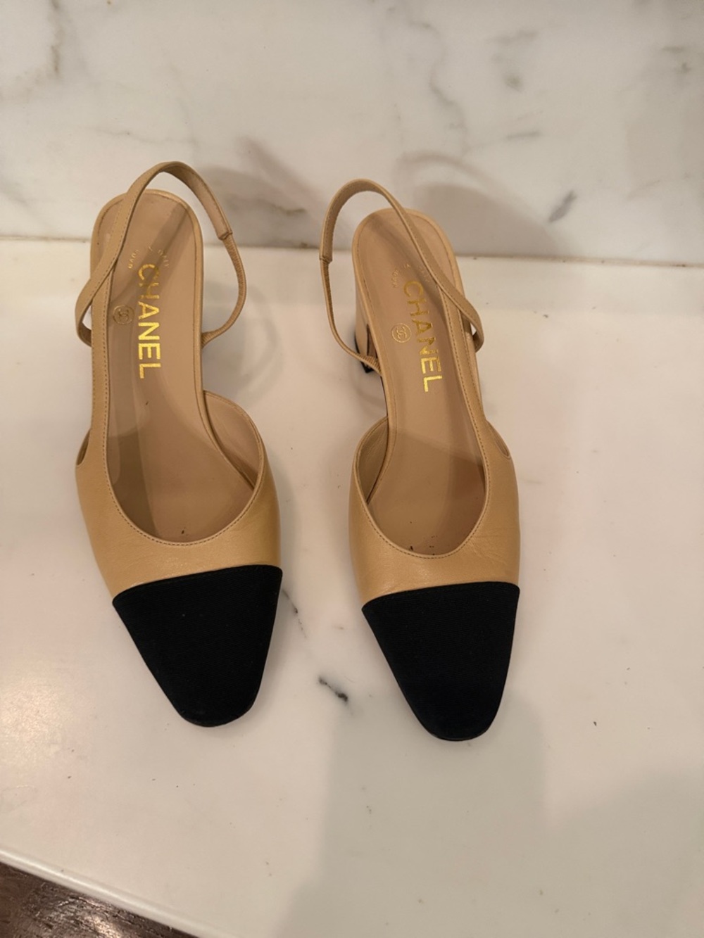 CHANEL Beige and Black Leather Slingback Pumps